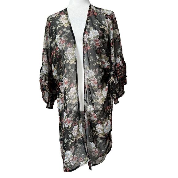 Mudd Black Floral Kimono Sheer Boho Shabby Chic - Picture 1 of 13